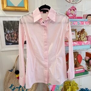 Zang Toi Pink & White Stripe Blouse | Gingham Trim | Snap Front | Size 8